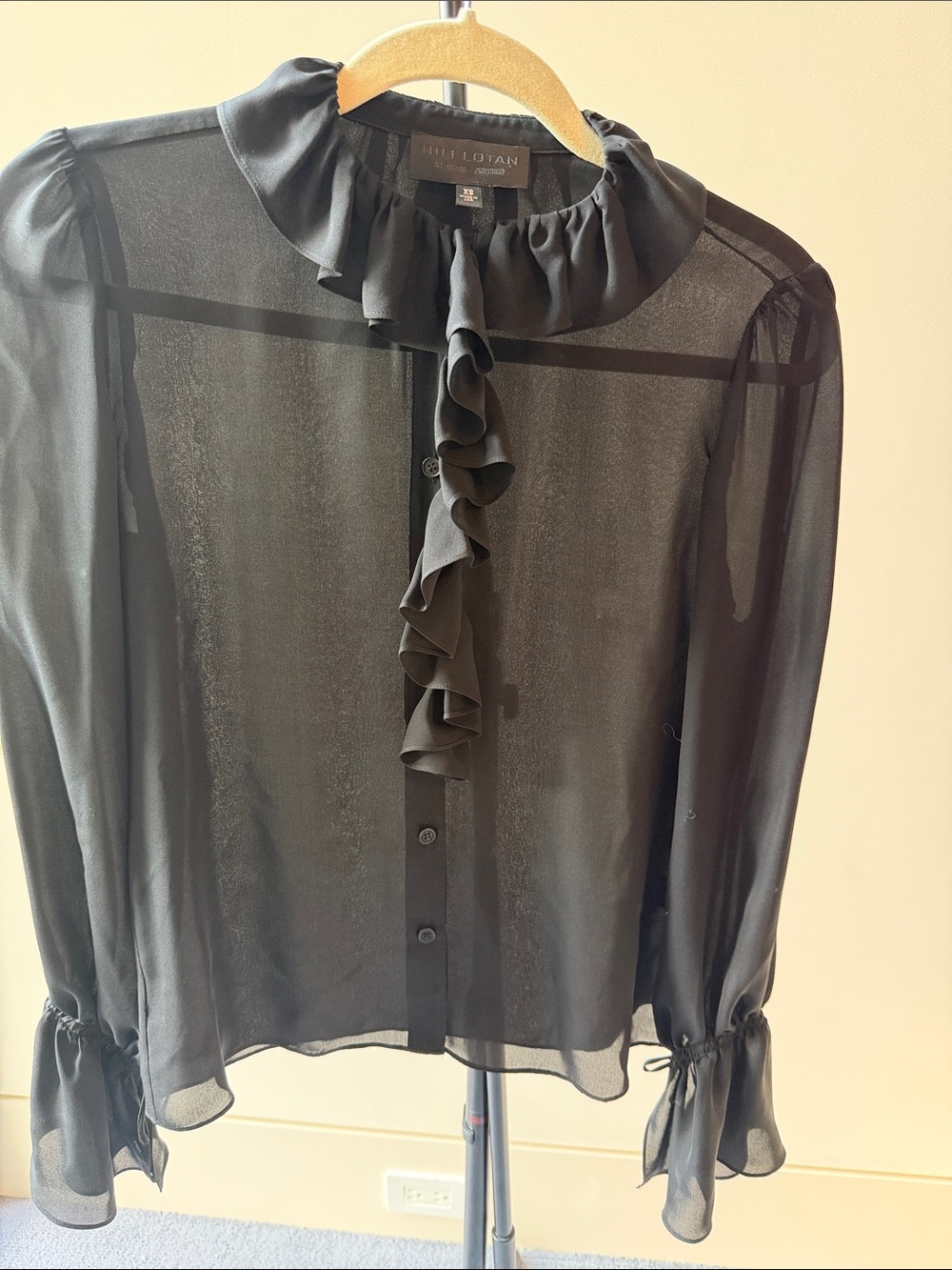 Nili Lotan Black Sheer Ruffled-Front Blouse